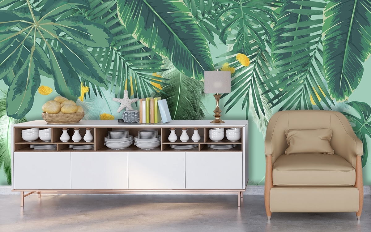 Wall Paper for Balcony, Tropical Green Leaves