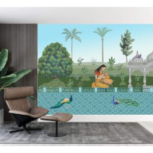 Mughal Rani with Hiran and Mayur Miniature Wallpaper Mural